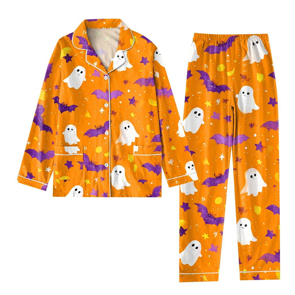 2-teiliger bedruckter Damen-Anzug, langärmelig, Oberteil mit Knopfleiste, weite Hosen, Anzug-Set, Schlafanzug, Home-Casual-Anzug