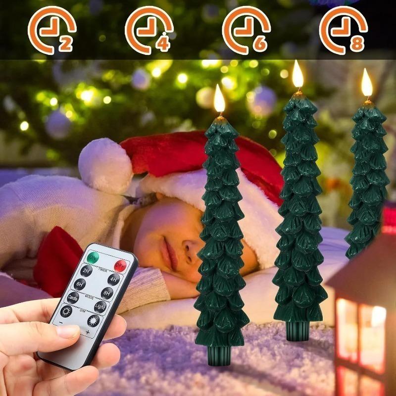 4/2pcs Christmas Tree LED Flameless Candles Light with 3D Flame Wick Green LED Candlesticks Operated for Christmas Home Decor