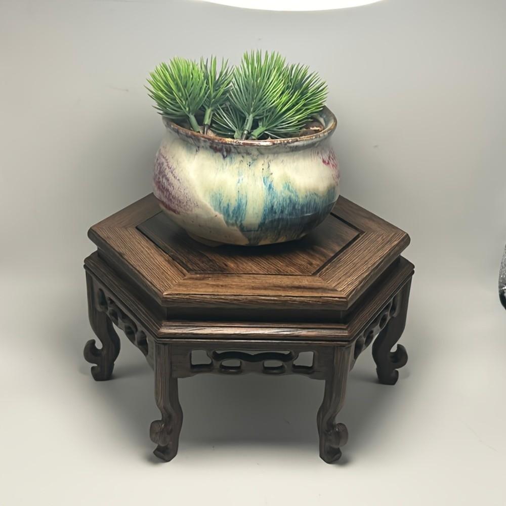 Hand Carved Hexagon Wood Base Teapot Stand Wooden Display Stand Display Base Rack Living Room