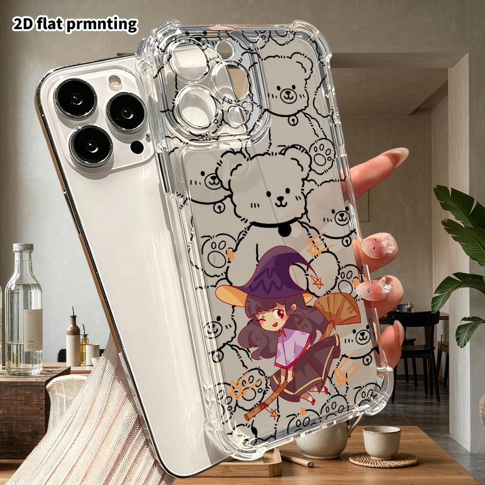 Phone case: 2D flat, suitable for iPhone 18 17 16 15 14 13 Pro, transparent corner protection case, little witch, Christmas and Halloween gift