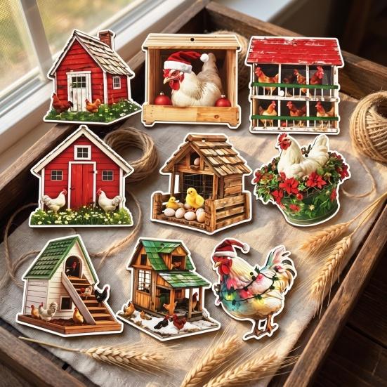 Christmas Gift Embellishments 10/20/30Pcs 2D Flat Farmhouse Chicken Wooden Hanging Ornament, Rooster Hen Coop Barn Barnyard Theme Charms Farm Pendants