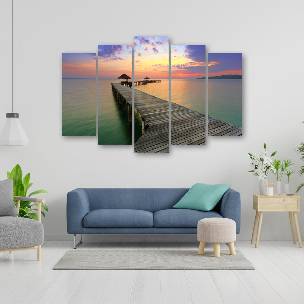 Obraz na plátně z pěti kusů Most pro pěší Lake Sky Purple