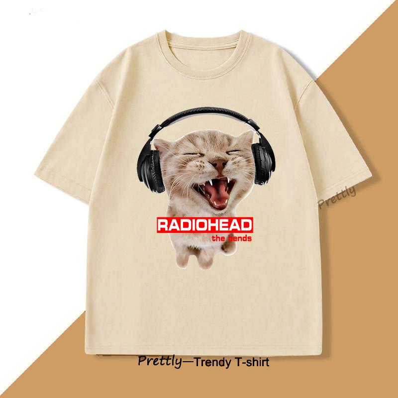 Vintage Cat with Headphones Radiohead T-shirt Cute Cat Rock T Shirt Men Women Cotton Short Sleeve Round Neck Tshirt Streetwear