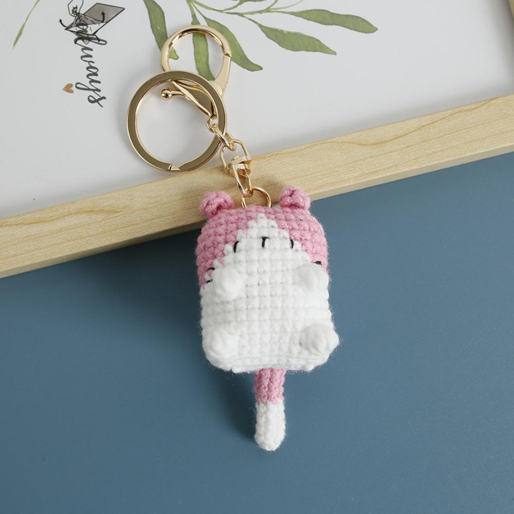 Hand-woven Cute Cat Keyring Crochet Cute Animal Pendant Lovely Exposing Belly Cat Keychain  Gifts