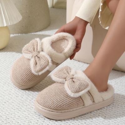 Knit Bowknot Home Cotton Slippers Women Thick Bottom Soft Fluffy Furry Slides Woman Comfort Non Slip Indoor Floor Cotton Shoes