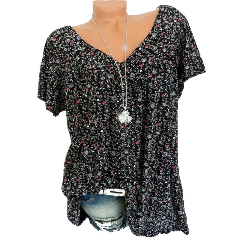 

V Women Neck Floral Tee Tshirts Short Sleeve Blouse Summer Tunic Tops Size Plus Black,S