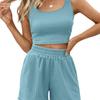 Damen Zweiteiler Sommer Strick Ärmelloses Crop Top und High Waist Kurze Lounge Sets