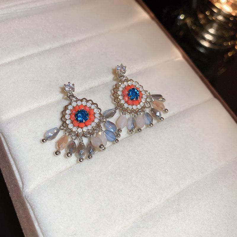 Silver Needle Geometric Rhinestone Tassel Earrings - Luxury Ethnic Style Crystal Studs