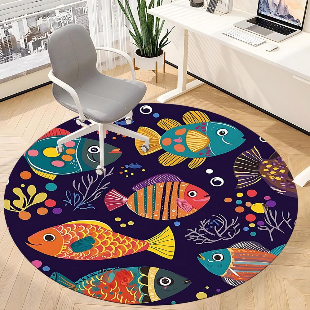 1PC Oceanarium Fishes Office Round Area Rug, Mat Suitable For Office, Under Office Chairs Bedroom Living Room Home Decor, Room Deco