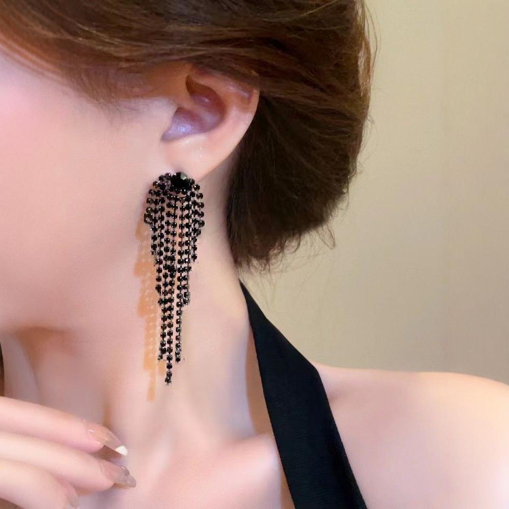 Light Luxury Black Rhinestone Long Tassel Earrings - High-End Socialite Style
