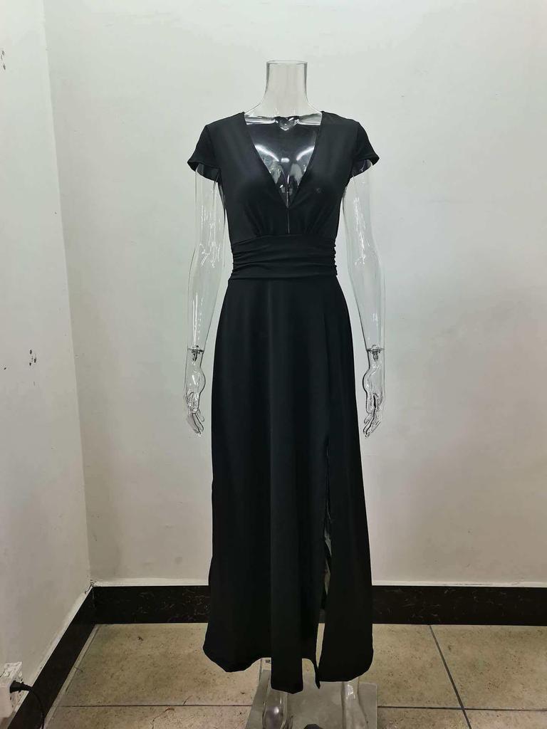 Women's Deep V-neck Pleated High-waisted Slit Evening Gown