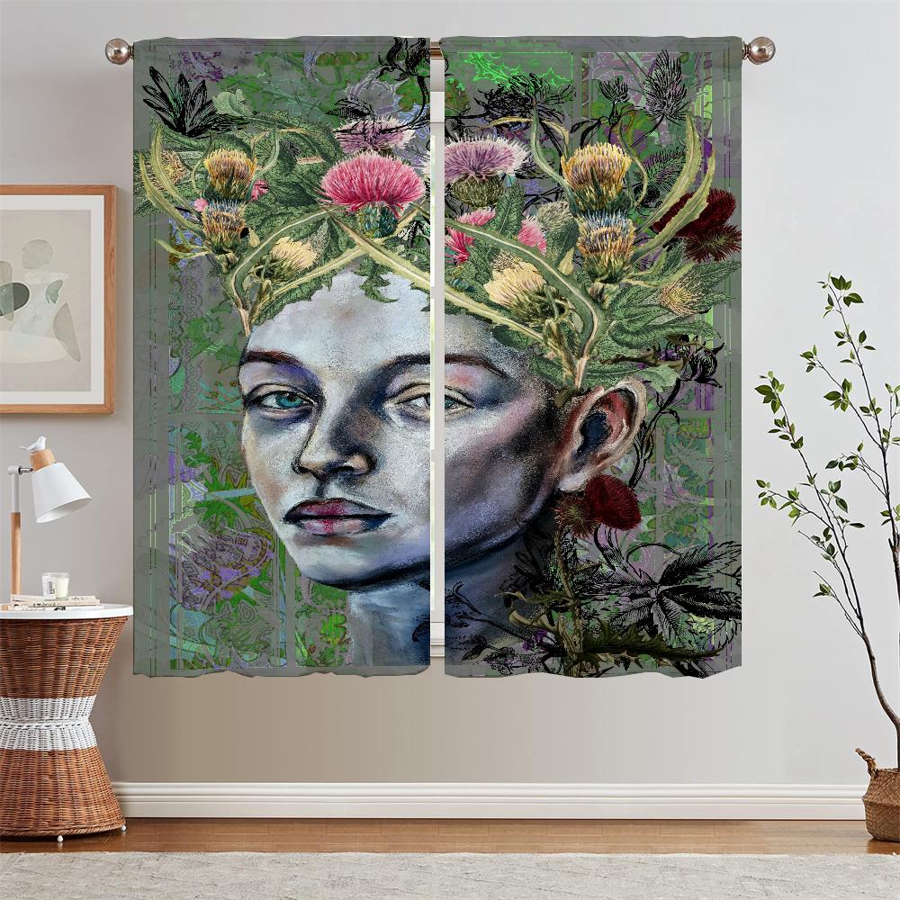 Bedroom Blackout Curtains Offers Woman Portrait Tentacles Tulle In Kitchen Curtains 2 Pieces Window Modern Home Decoration Blind