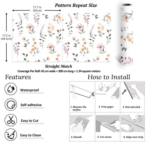 VEELIKE Peelable Wallpaper Stickers, Nordic Floral Pattern, Waterproof/Heat-Resistant, Suitable for Rentals, 44.5 x 300cm, Stylish DIY Wallpaper for K