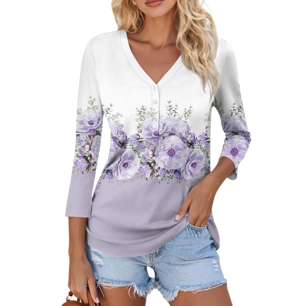 Women's Casual Fashion Sexy Comfortable V-Neck Button Floral Three-quarter Sleeve Top