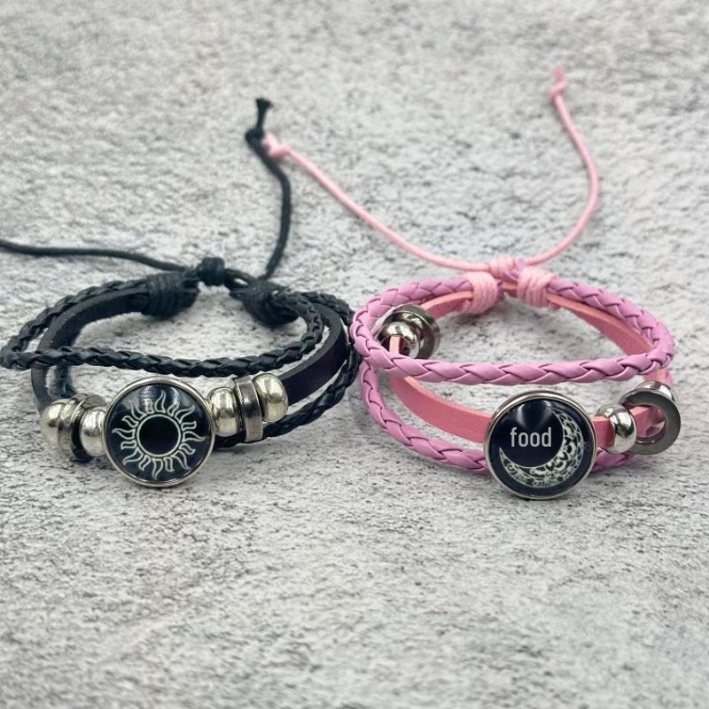 Luminous Sun & Moon Time Gem Unisex Vintage Leather & Beaded Bracelet
