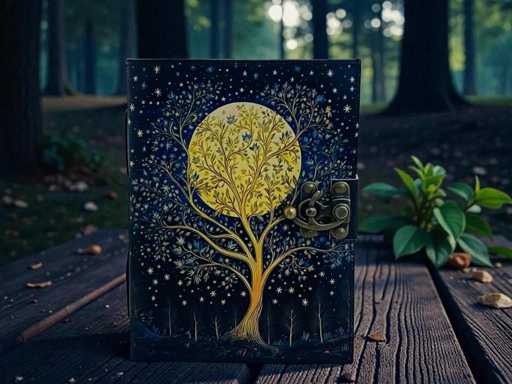 Handmade Leather Journal – Moon & Tree Design 5×7 in, 200 Pages, Deckle-Edge Paper
