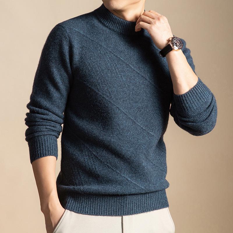 Men’s Pure Wool Thickened Sweater: Half-High Collar Knitwear for Autumn and Winter - Warm, Casual Base Layer. XL
