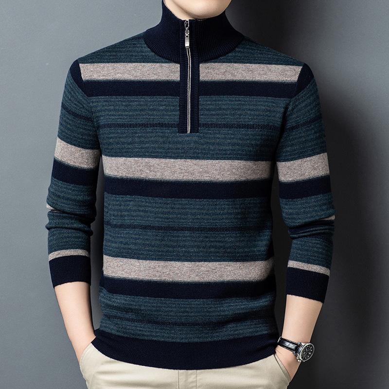 Men s Striped Half-Zip Wool Pullover Sweater - High Quality, Warm Autumn/Winter Knitwear 170