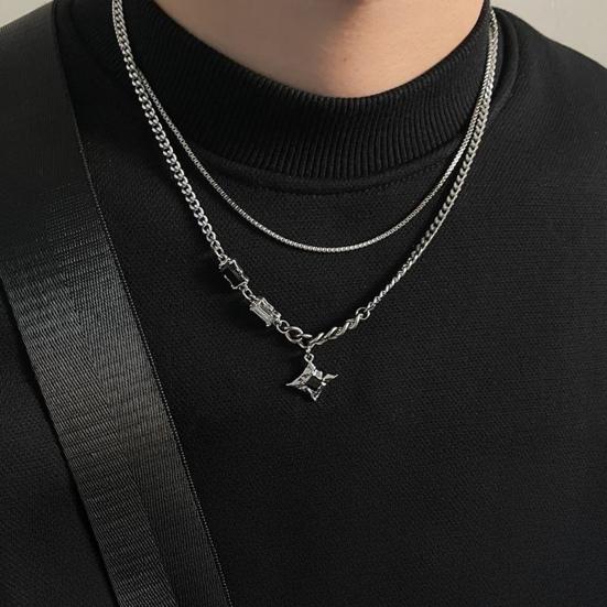 Star Pendant Necklace Double Layered Cubic Zirconia Chain Necklace Hip-hop Jewelry for Men Women Birthday Gifts