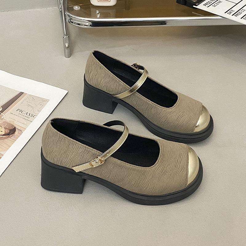 College style thick heel color matching one-word strap single shoes 2025 spring and autumn new high-value fashion versatile Mary Jane shoes