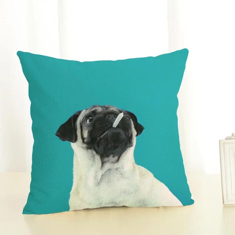 Funny Cartoon Pug Dog Printed Cushion Cover Linen Pug Dog Food Decorative Pillowcase Sofa Party Home Decor Sofa 45X45Cm