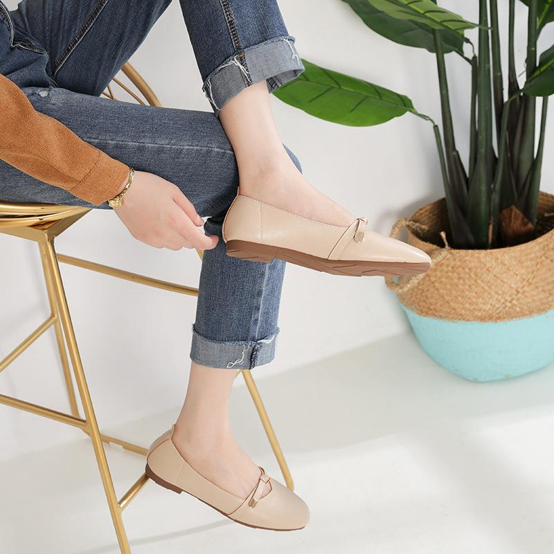 Fashion Genuine Leather Flats Shoes Woman Retro Grandma Loafers Bowtie Belt Moccasins Girl Mart Airpot Flats Lady Cowhide Mary Jean Shoe