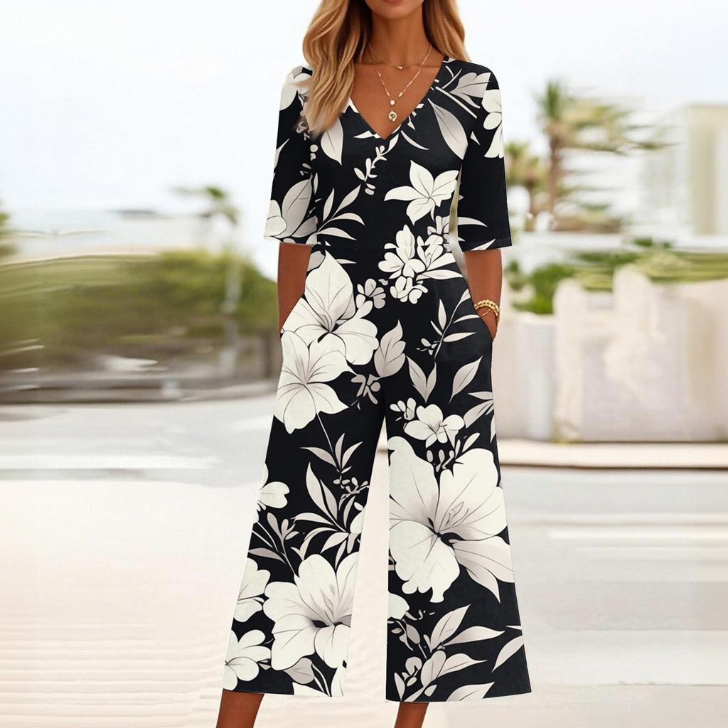 Women's Loose Casual V-Neck Printed Jumpsuit Slim Fit Wide Leg Jumpsuit Wide Leg Jumpsuit