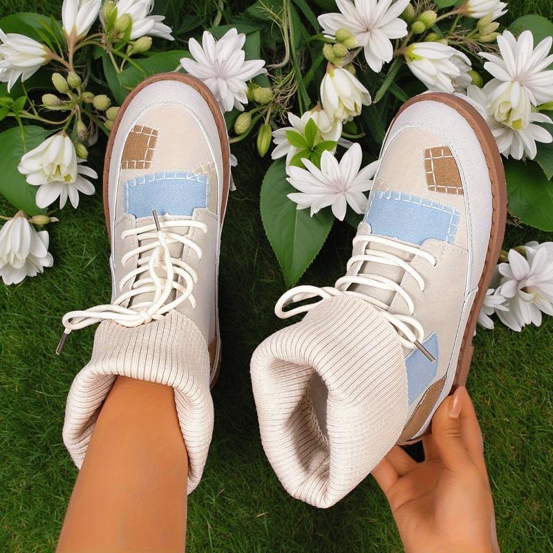 Beige & Blau Karierte Klobige Niedrige Absatz Schnürstiefeletten - Runde Zehenpartie Lässig Winter mit Sohle & Obermaterial aus Stoff