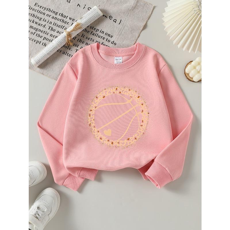 Leopard Print Basketball Heart Design | 2026 New Girls' Long-Sleeve Casual Crewneck Sweatshirt, Suitable For Outdoor Sports
