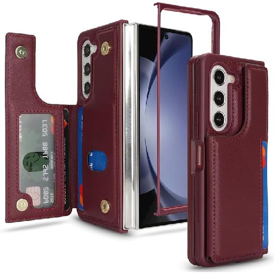 iCoverCase Compatible with Samsung Galaxy Z Fold 5 Wallet Phone Case with Card Holder for Women Men, Magnetic Clasp RFID Blocking PU Leather for Z Fold 5 вино красного