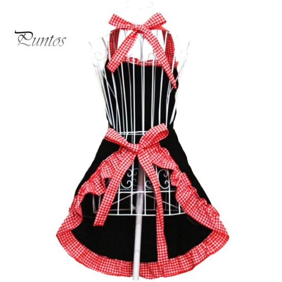 Women Cute Bowknot Decor Pocket Apron Plaid Print Splicing Adjustable Lace-up Kitchen Flirty Apron Mother Day Gift