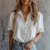 Women's Cotton Linen Lace Short Sleeve Blouse Loose Casual Summer Shirt Hollow Out Top