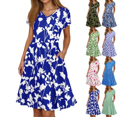 Ladies Summer Fashion Casual Floral Print V-Neck Short Sleeve Pocket Dress
