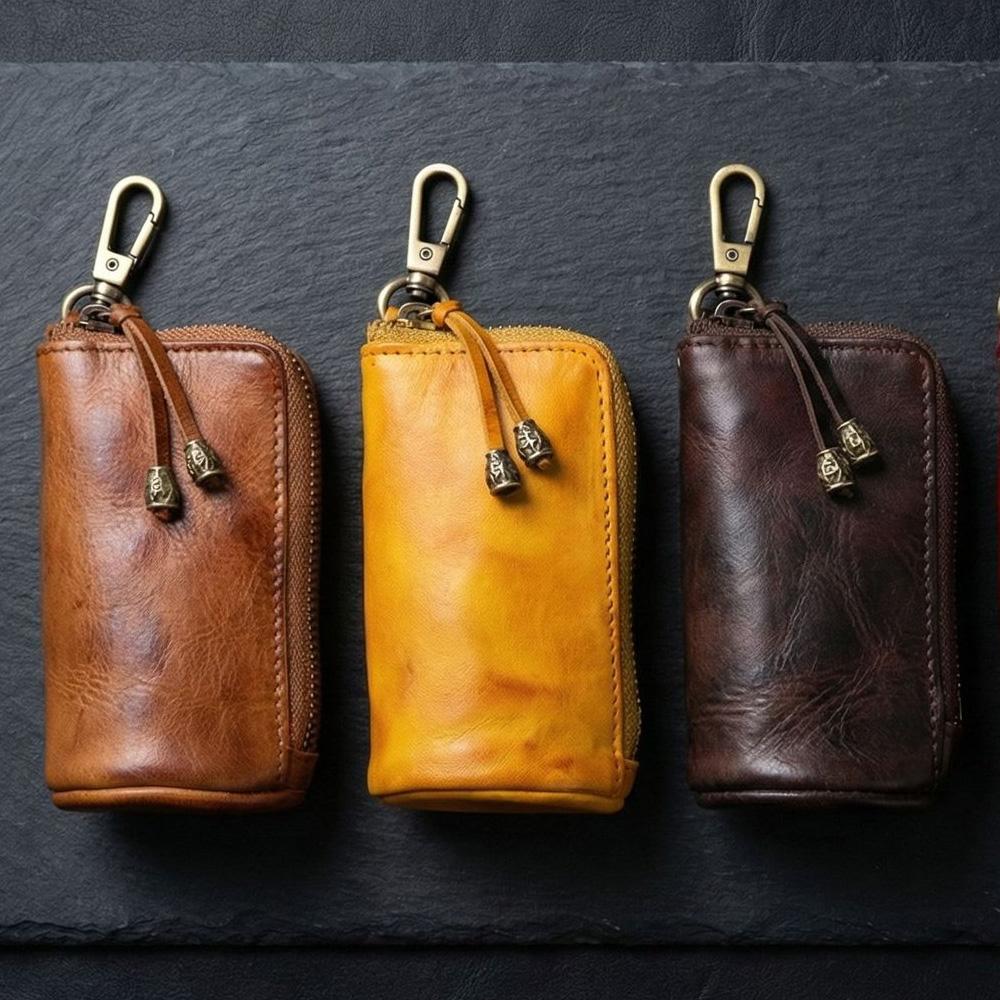 Vintage Genuine Leather Key Holder Zipper Key Wallet Case Cowhide Coin Purse Handmade Keychain Pouch for Men Women