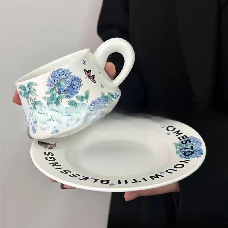 Retro Oil Painting Style Hydrangea Coffee Cup and Saucer Set Ceramic Coffee Cup Gift Box  High End Souvenir