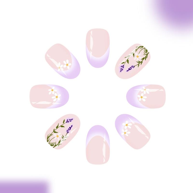 24Pcs French Lavender Glossy Press On Nail Winter Floral False Nail Durability ABS False Nail For Women Party