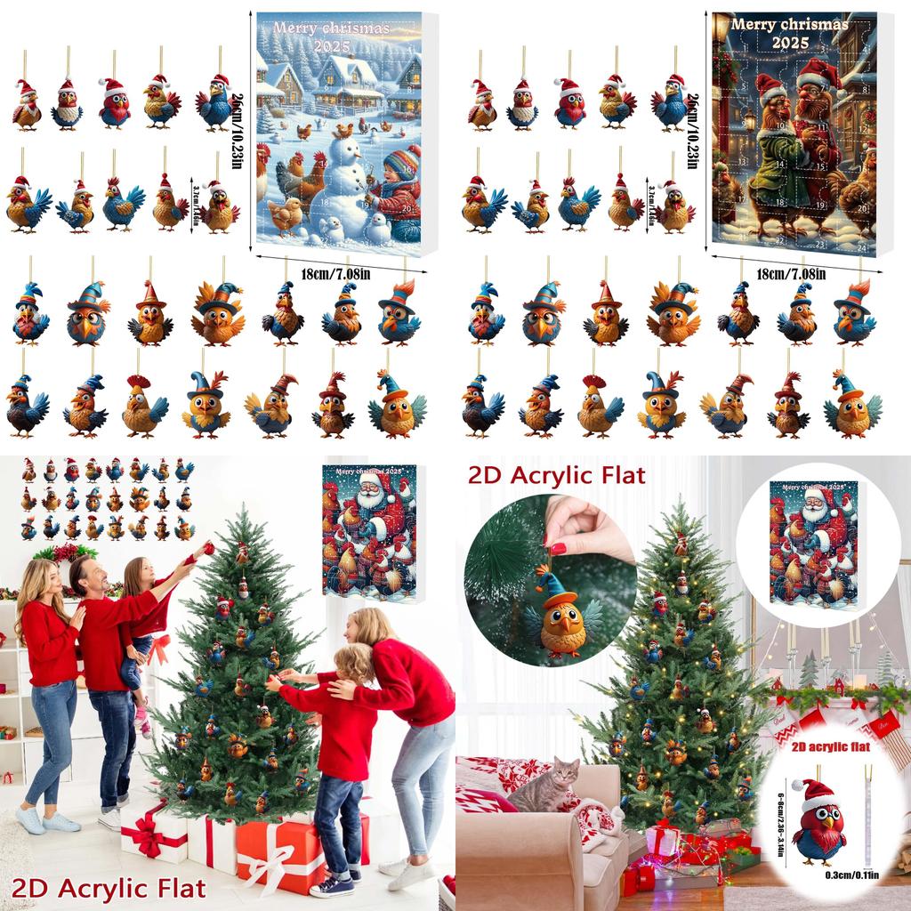 Weihnachts-Adventskalender mit 24 Acryl-Hahn-Dekorationen für die Feiertage