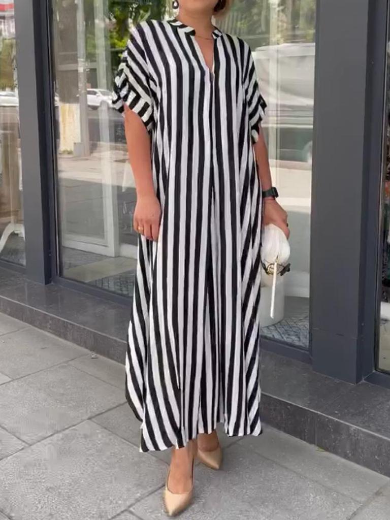 Hot Spring Summer New Women's Striped Printed High-Waisted Maxi Skirt Dress
