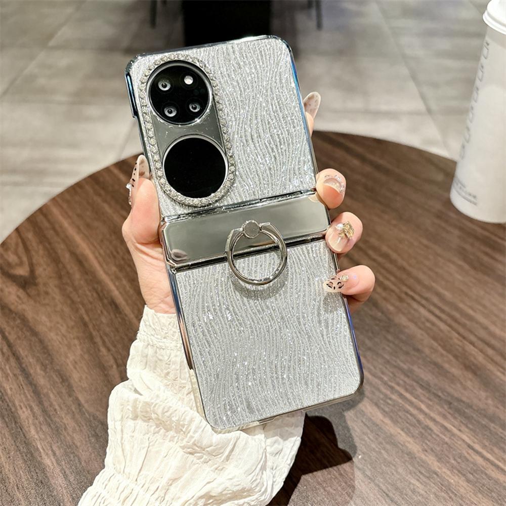 

For Huawei P50 Pocket Case with Ring Holder Ripple Texture Hard PC Electroplating Phone Cover C