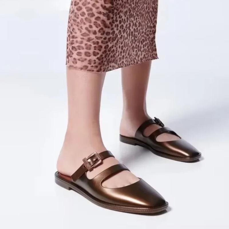 

Low-Heel Mary Jane Slippers Women s Flat Bottom Sandals Casual Buckle Slip-On round Toe Beach Fashion versatile shoes 37 коричневый