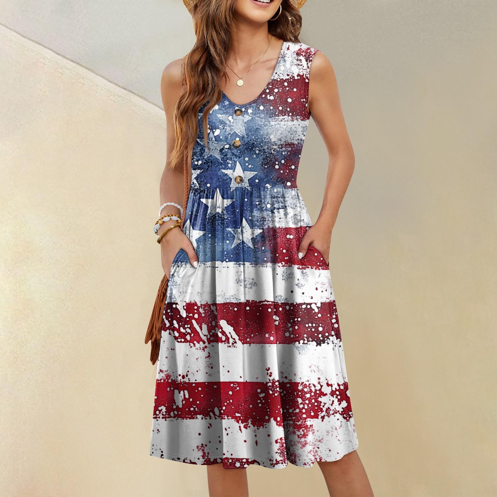 

Women s Sleeveless Casual Vacation Loose Swing Independence Day Printed Button Midi Dress With Pockets M