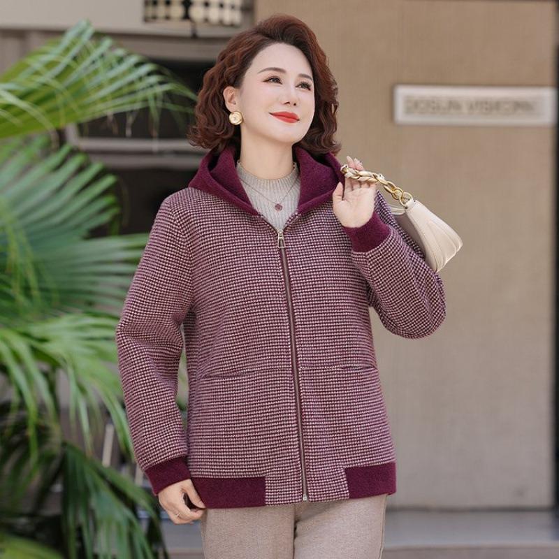 Temperament Mom Autumn Jacket Noble Plaid Top Aged Elderly Women's Autumn and Winter Hooded