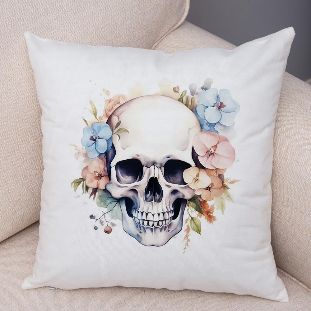 Coral Petal Skull Cushion Cover Double Print Orchid Watercolor Pillowcase Soft Plush Lavender Floral Skull Cushion Cover