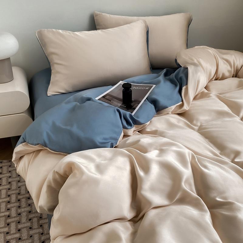 Summer Solid Color Ice Silk Four Piece Set Cool Feeling Bed Sheet Duvet Cover Three Piece Bedding Set For Dormitory Comfortable Bed Linen