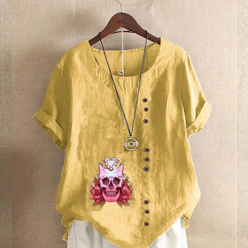 Women's Fashion Round Neck Short Sleeve T-shirt Casual Cotton Linen Graphic Shirt Leisure Loose Flower Prined Summer Blouse Tops