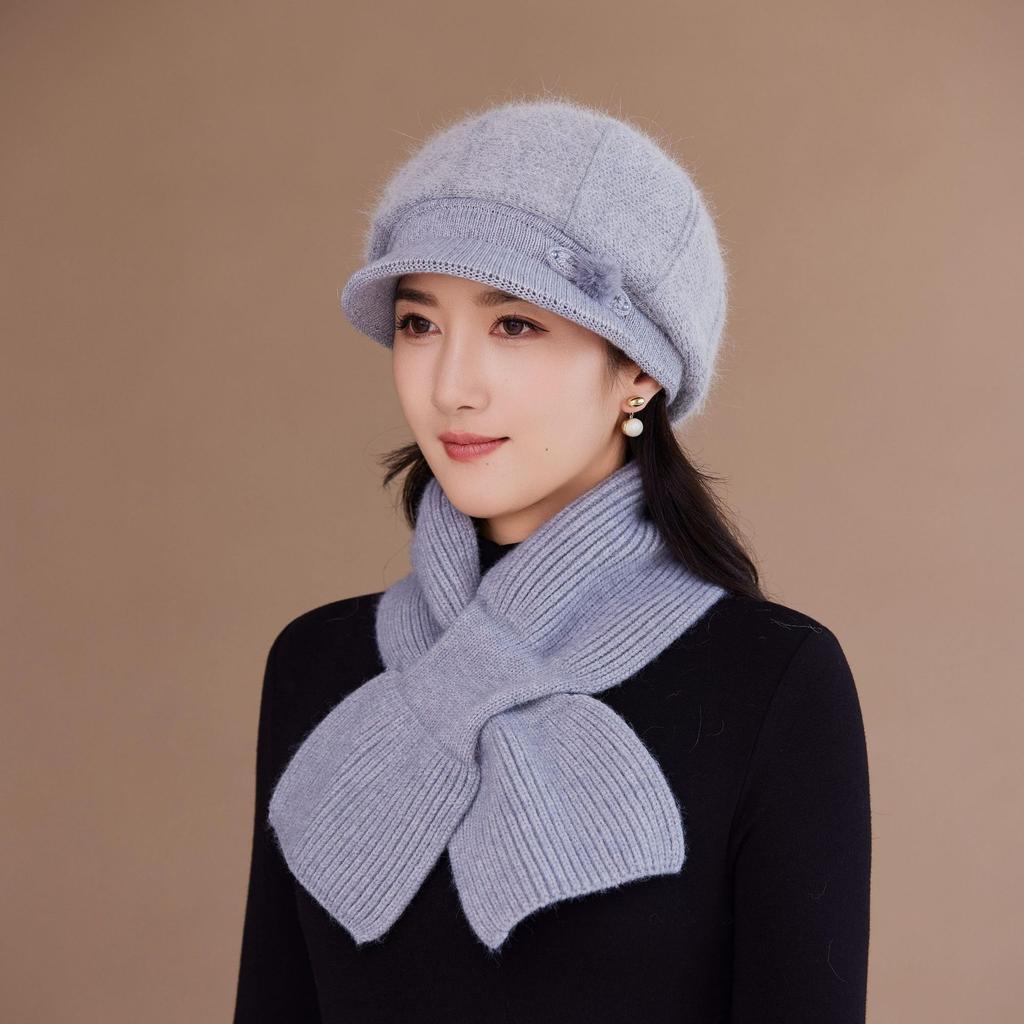 New Rabbit Fur Hat for Women Fashionable and Versatile Woolen Hat Cold Proof Plus Velvet Thickened Warm and Ear Protecting Knitted Hat