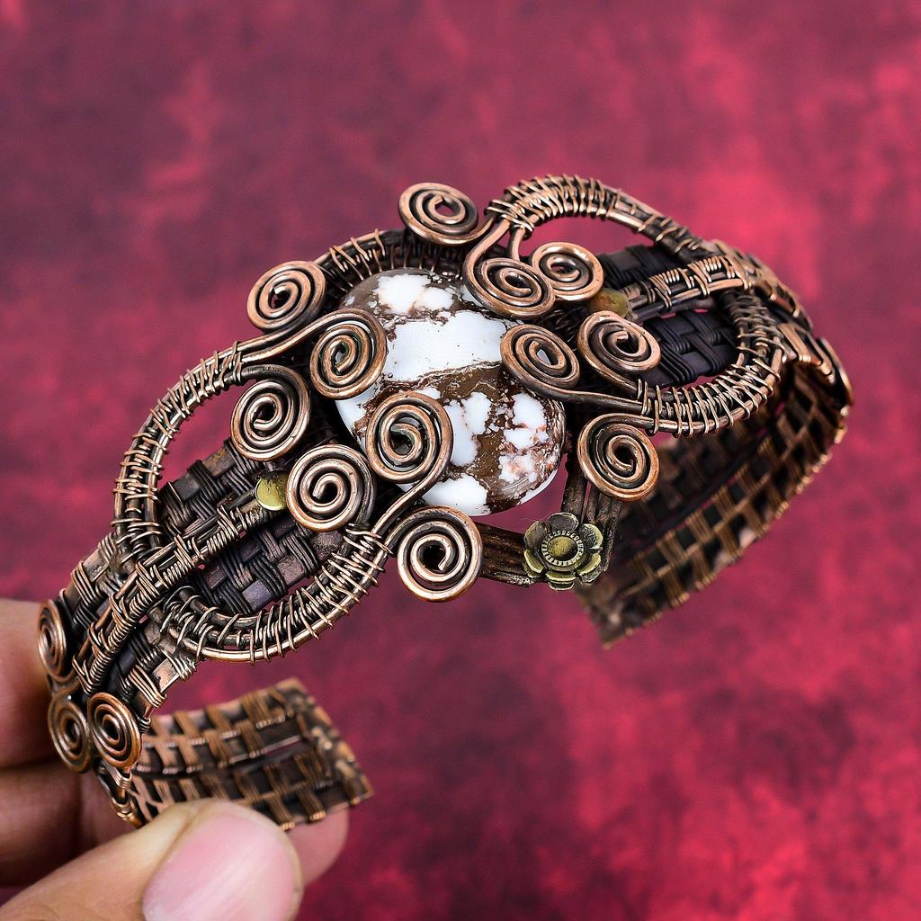 Wild horse magnesite cuff bracelet adjustable bangle copper wire wrapped gemstone cuff bracelet handmade copper wire jewelry wedding gifts