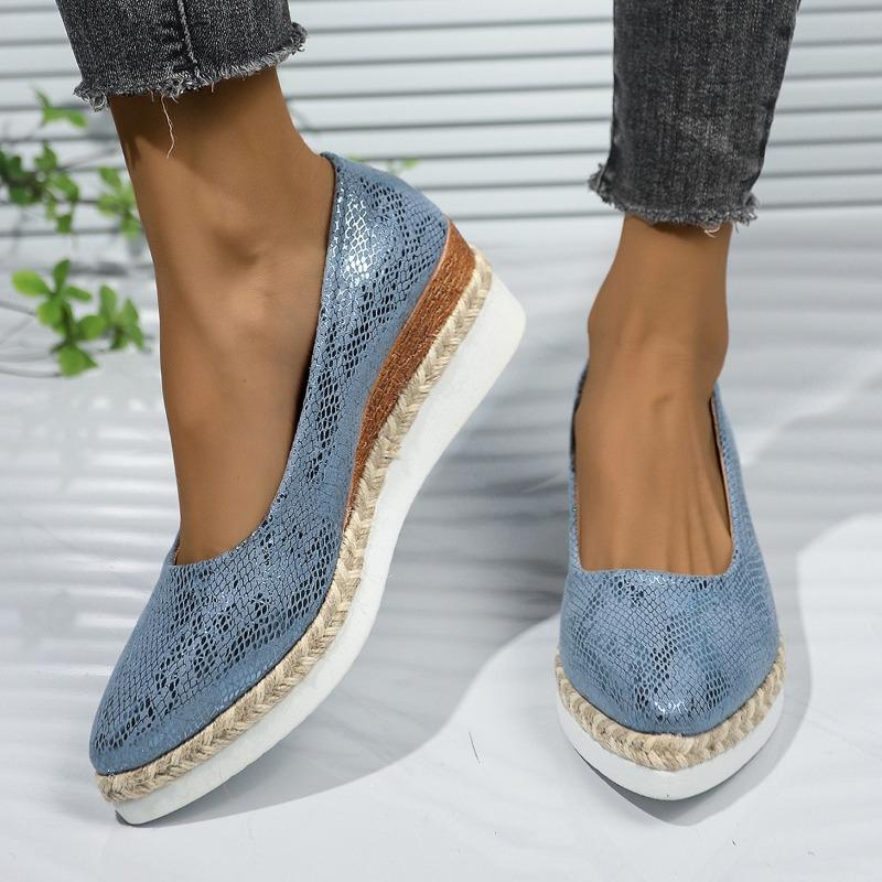 New Spring and Autumn New Woven Hemp Rope Muffin Bottom Shallow Mouth Breathable Snakeskin Pattern Pointed Women's Single Shoes