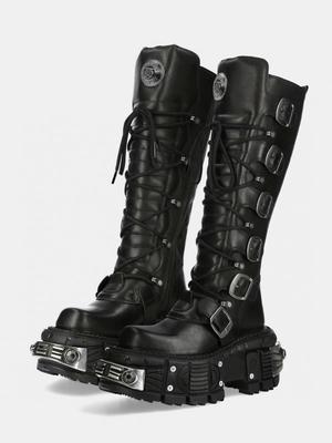 Stivali Al Ginocchio Punta Quadrata Fibbia Metallo Donna Neri Pelle PU Punk Stivali Lunghi Donna Autunno 2024 Tacchi Chunky Stivaletti Moto