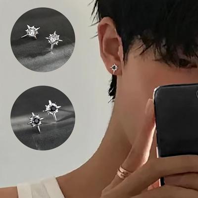 1 paire de boucles d'oreilles en forme d'étoile en zircon noir, bijoux à clous d'oreilles blancs